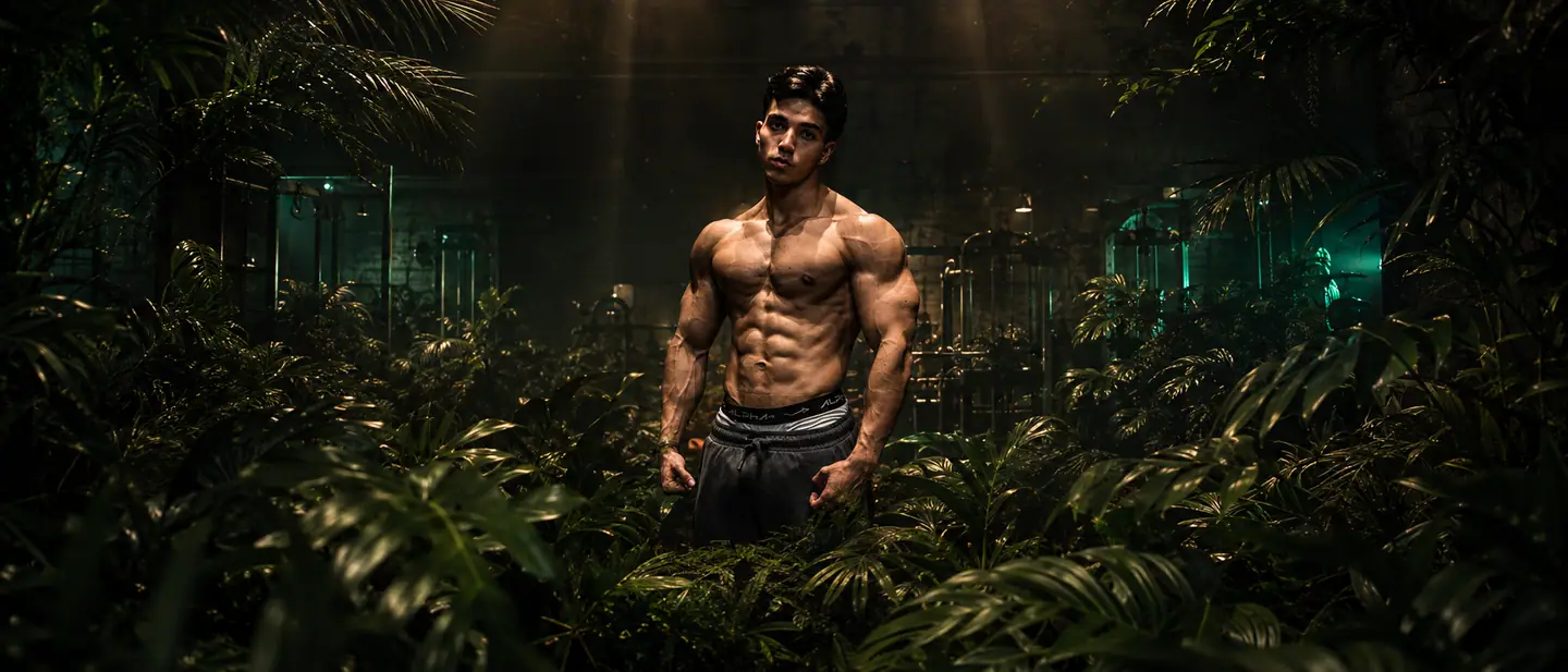 Atleta natural em pé numa academia cercada por folhagens
